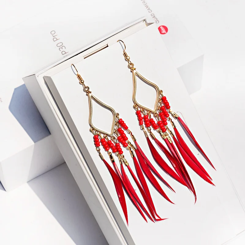 2019 летние богемные Бохо перо Длинные серьги с кисточками для женщин ручной