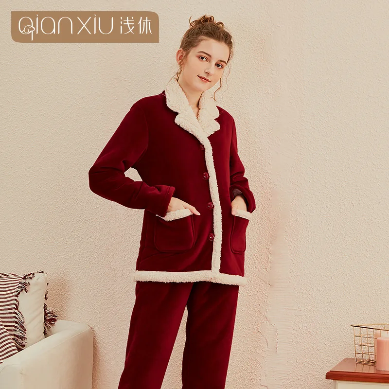 Пижама женская толстая beibei фланелевая теплая зимняя длинные брюки с длинным