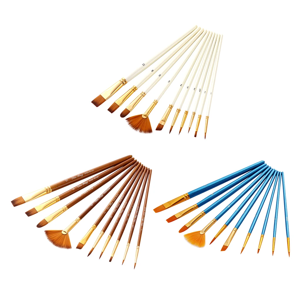 

10 Pieces Nylon Hair Paint Brush Set, for Acrylic, Oil and Watercolor Painting (3 Color Choose)