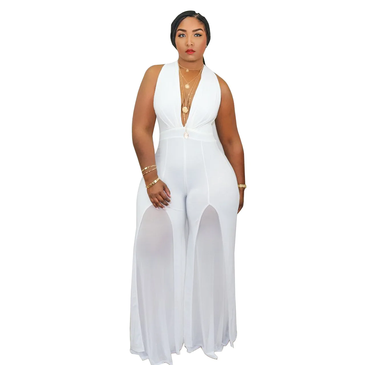 

2021 Plus Size Jumpsuit Summer And Autumn New Solid Color Women's Sleeveless V-neck Sexy Chestless Pure Color Chiffon Jumpsuit