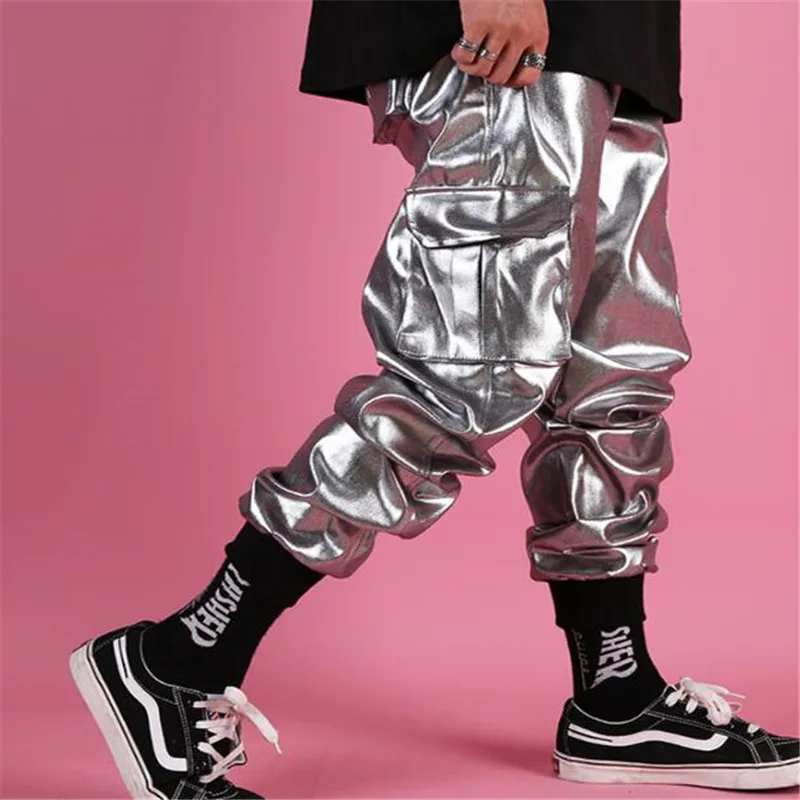 Мужские повседневные кожаные шаровары уличные Серебристые брюки-карго с