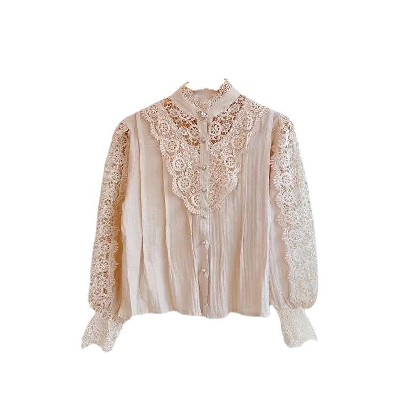 

Chic Button Hollow Out Flower Lace Patchwork Shirt Stand Collar All-match Femme Blusas Petal Sleeve Women Blouses