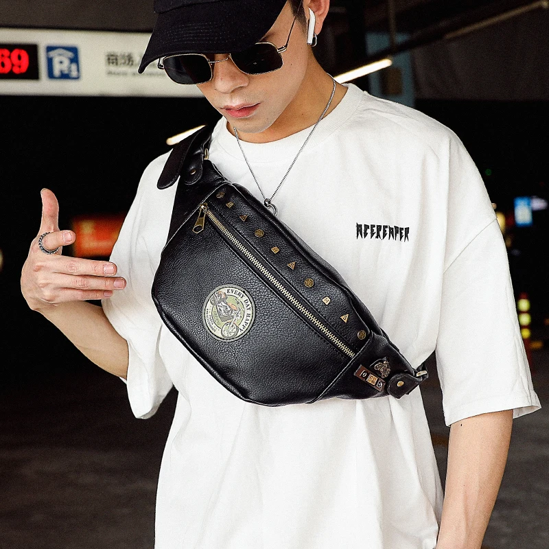 

Rivet Motorcycle Badge Pattern Fanny Pack for Man Belt Waist Bag Fashion Hip Hop Street Shoulder Crossbody Bags Big Phone Purse