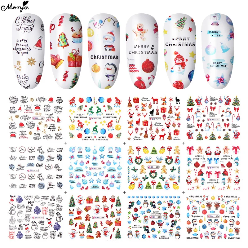 Monja 12 стилей/лист Рождество для дизайна ногтей переводная наклейка воды лося