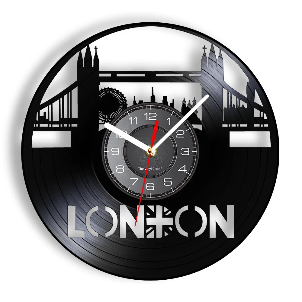 London Skyline Vinyl Record Wall Clock UK Tower Bridge England Cityscape City Landmark London Eye Classic Vinyl Disk Craft Watch