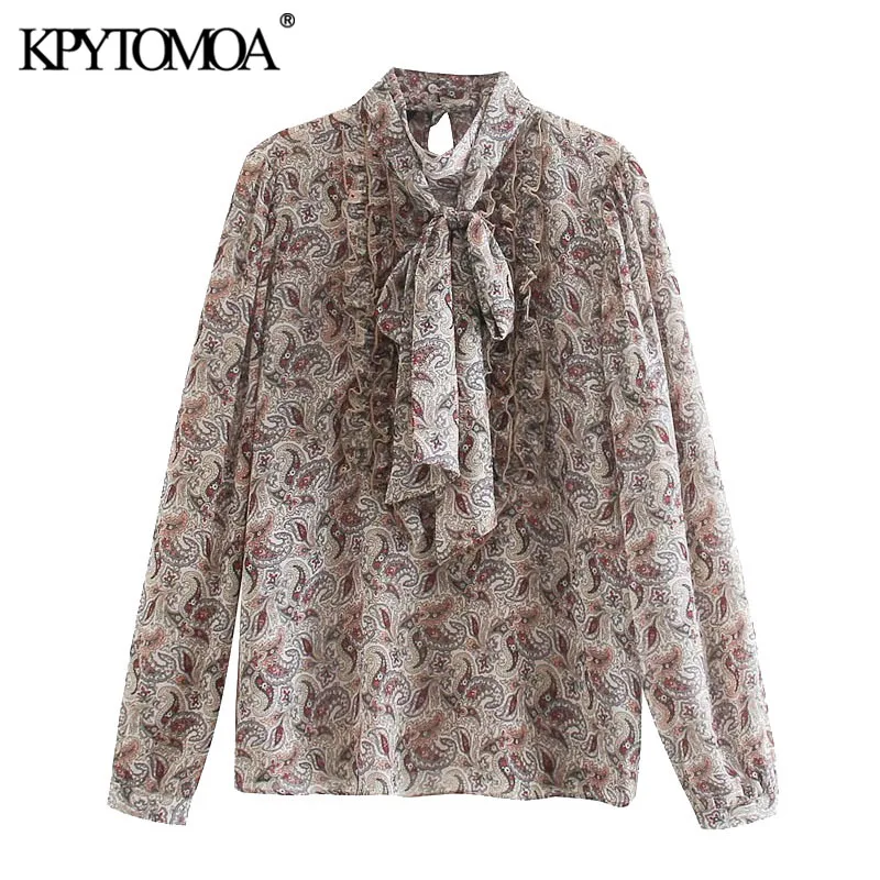 

Женская шифоновая блузка KPYTOMOA, винтажная блузка с принтом пейсли, оборками и бантом на воротнике, рубашки с длинным рукавом, шикарные топы, ...
