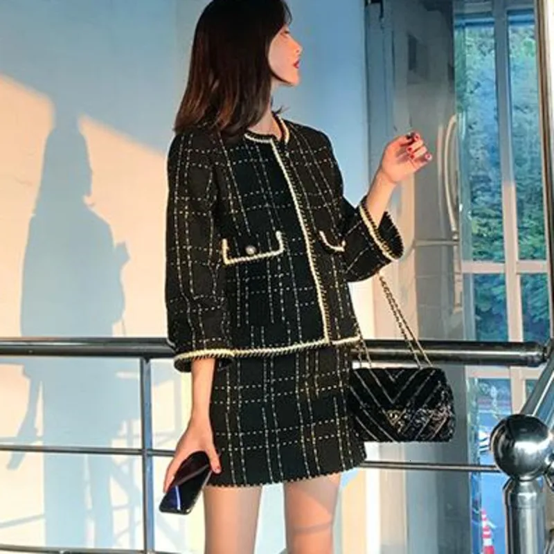 European Style Autumn Winter 2 Piece Set Women Short Woolen Tweed Jacket Coat &amp Bodycon Mini Skirt Two Outfits |