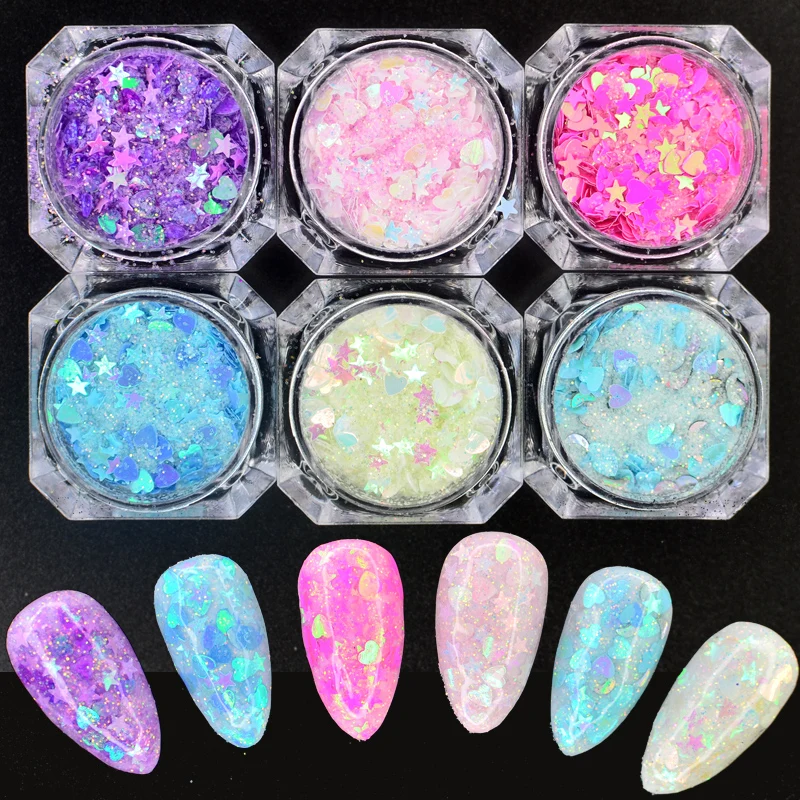 

1 Box Nail Glitter Flakes Sparkly 3D Star Moon Heart-shaped Colorful Sequins Spangles Polish Manicure Nails Art Decorations