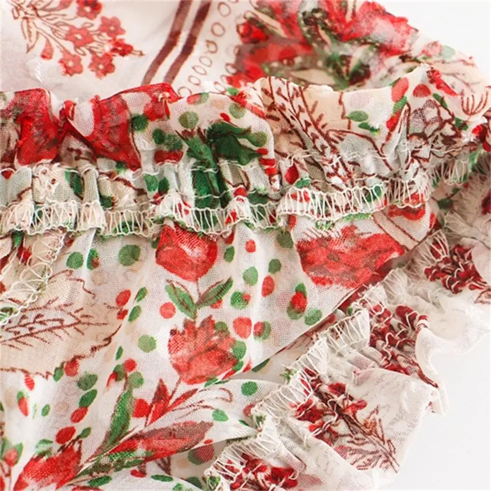 

2020 summer new women's ethnic style retro word collar lantern sleeve patchwork printed blouse
