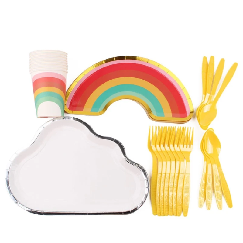 

Rainbow Clouds Disposable Tableware Set Baby Shower Plates Cup Fork Spoon Cake Topper Birthday Party Supplies Baby Gift
