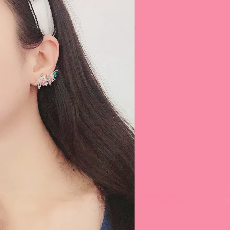 

MENGJIQIAO Korean New Fashion Elegant Pink FlowerCrystal Holiday Stud Earrings For Women Girls Oorbellen Bijoux Party Gifts