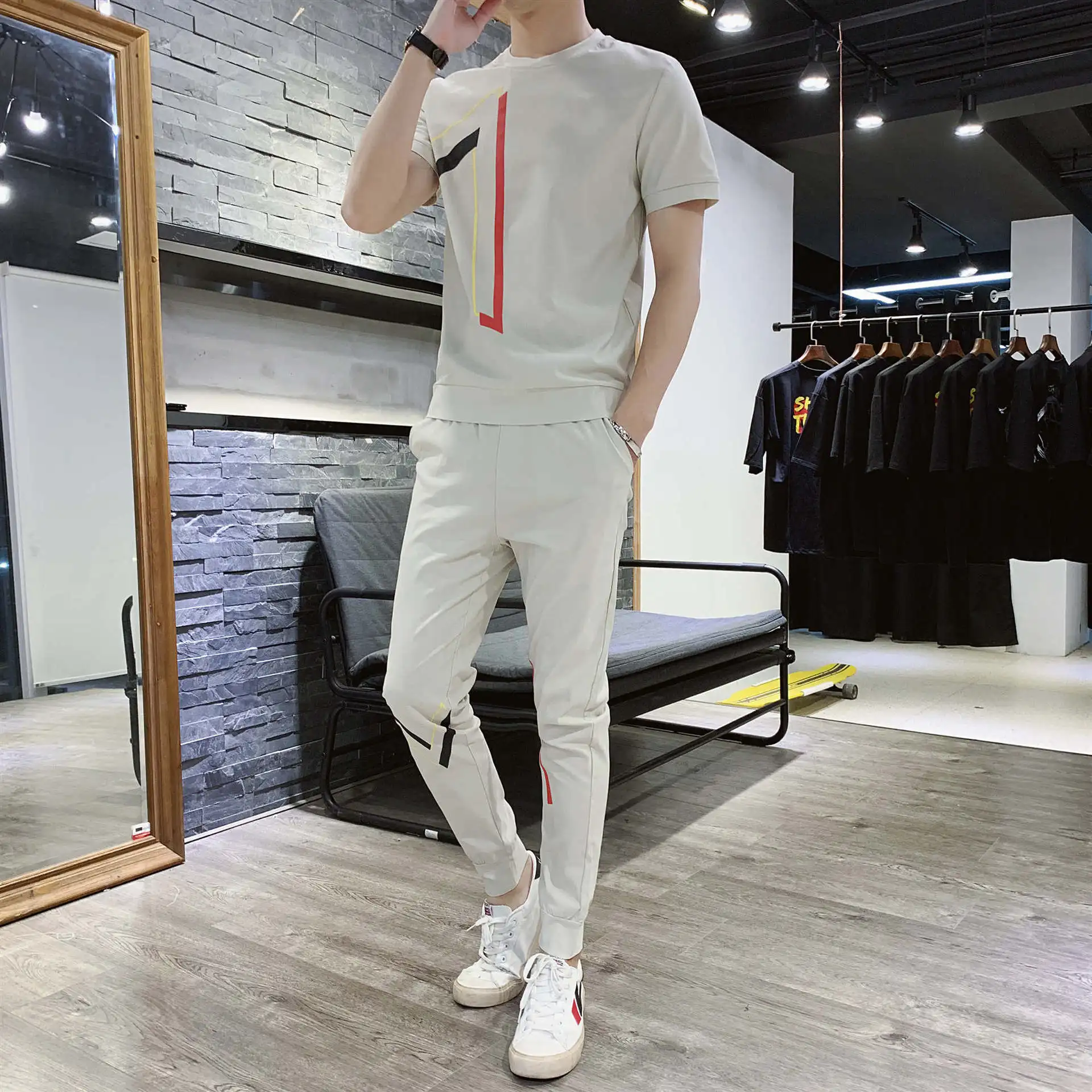 

2021 Printed Jogger Clothes Tracksuit Men Sweatshirt Sports Summer T Shirt Two Piece Set Pants Casual Streetwear Fashion Fitness