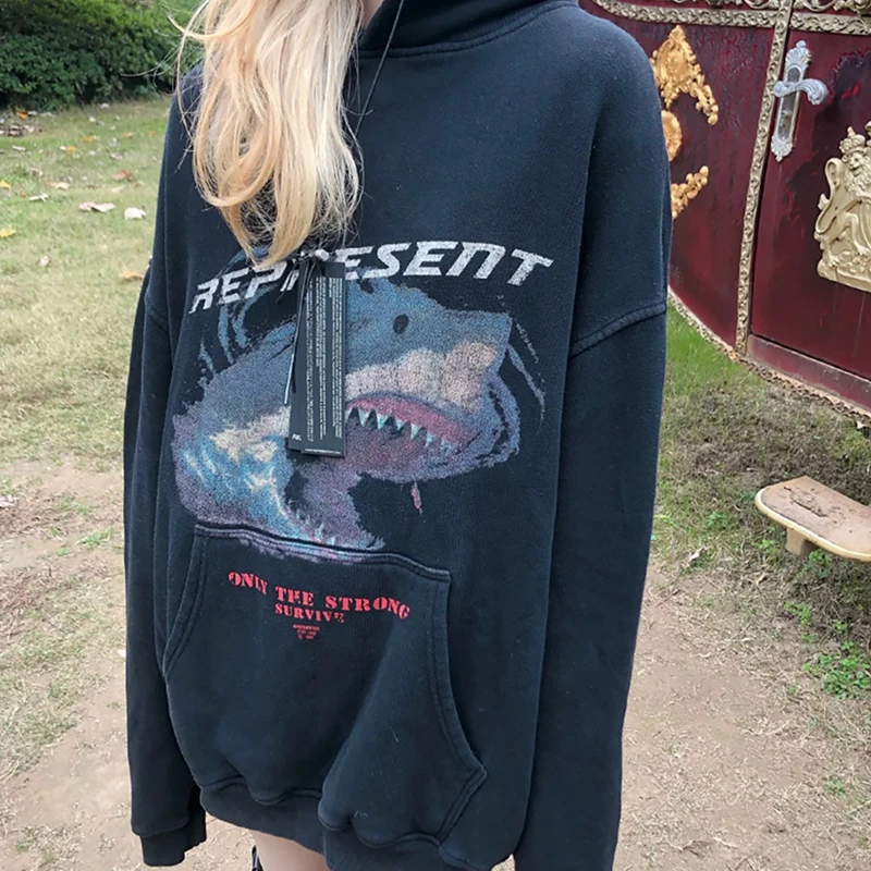 

Represent Shark Great White Shark Printed High Street Retro Washed Distressed Loose High Quality Men's and Women's Hoodie