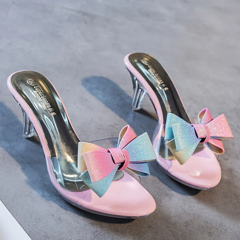 

New Women Slippers High Heeled 6.5CM Butterfly-knot Women Casual Shoes Mules PVC Transparent Shoes Clear Open Toe Female Slipper