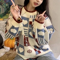 pullover womens sweater plaid loose knitted thick sweater oversized women sweaters autumn winter