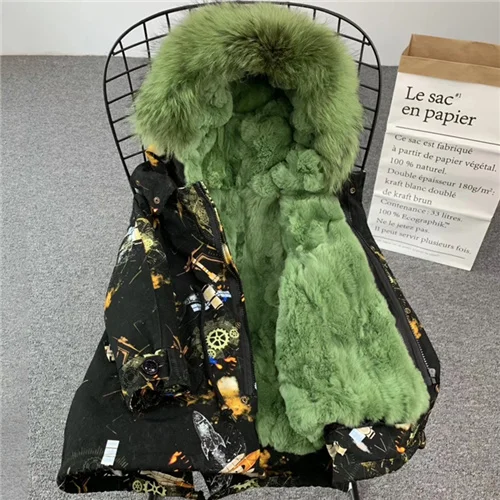 Gear shell-green 1 Детская парка с большим меховым воротником Настоящий мех кролика, зимняя детская шубка для мальчиков и девочек, съемная подкладка, цветные детские меховые парки - Цвет: Gear shell-green 1