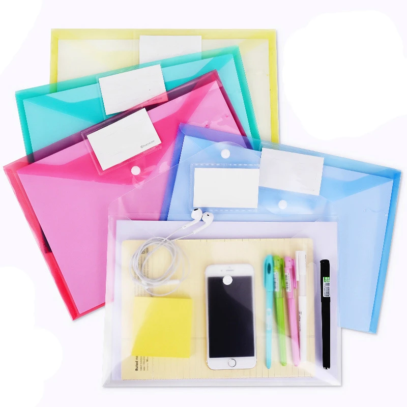 10 Pieces Snap File Bag Plastic 16C A4 Paper Storage Folder PP Transparent Portfolio Policy Briefcase With Label + Fix Pen Hole