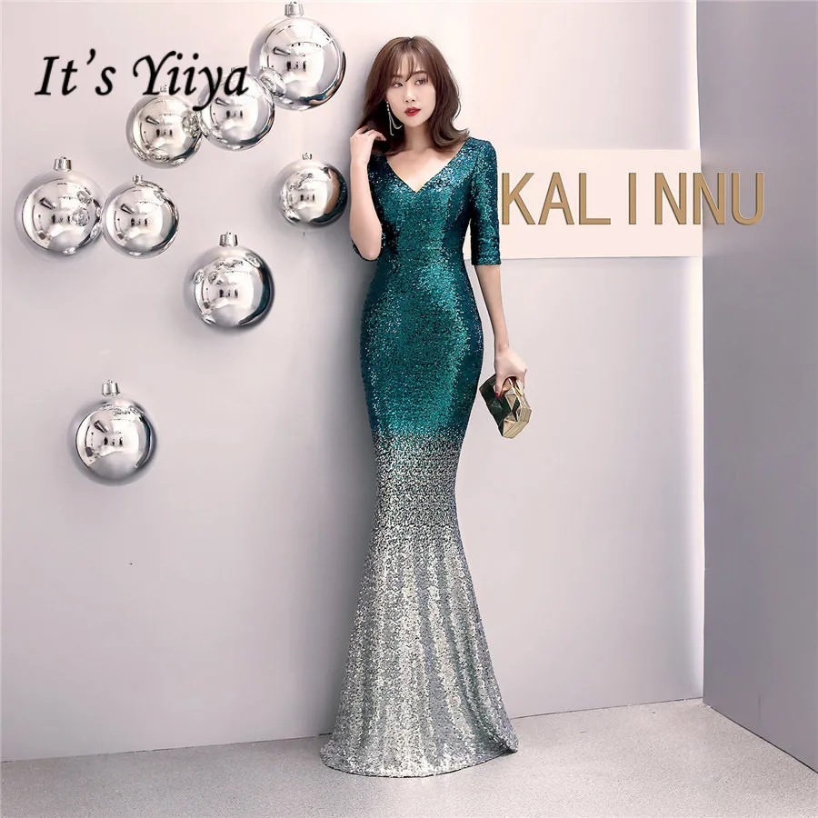 Женское вечернее платье с юбкой годе It's Yiiya синее до пола V образным вырезом