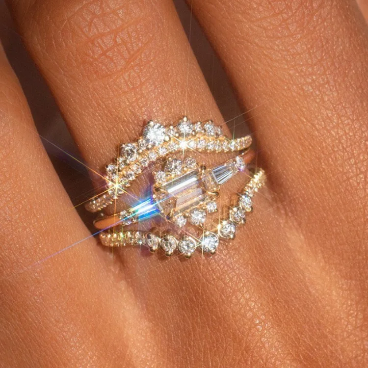 

3Pcs/Set New Arrival Trendy Women Gold Rings Princess Cut Zircon Micro Paved Small Square CZ Stone Wedding Engagement Jewelry