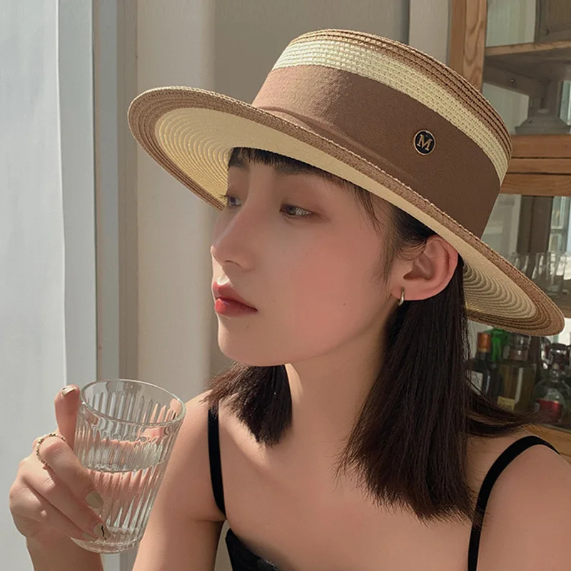 

Fashion Women's Sun Hat Female Summer French M Letter Flat Top Straw Cap Visor Caps Ladies Sun Beach Hats Summer Hats For Women