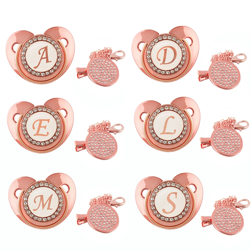 

26 Name Initials Baby Pacifier Chain Clip Newborn Silicone Dummy Nipple Rose Gold Bling BPA Free Infant Soother Dropshipping