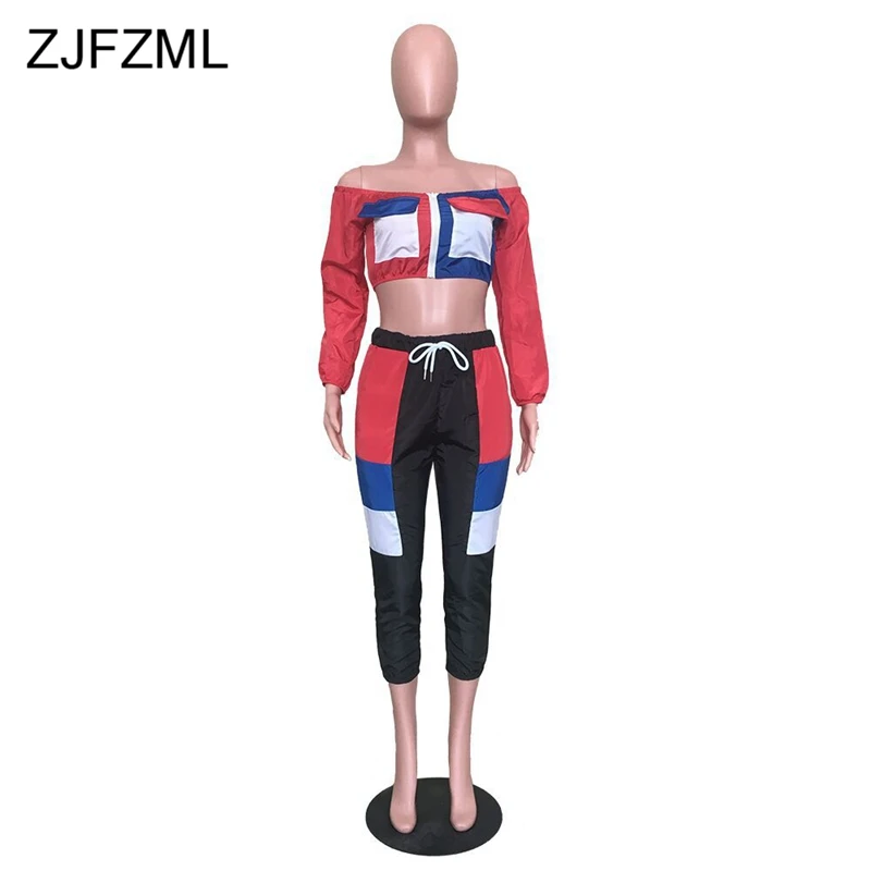 

ZJFZML Casual Two Piece Set Women Off The Shoulder Full Sleeve Crop Top And Mid-Claf Pant Autumn Outfits Streetwear 2 Piece Sets