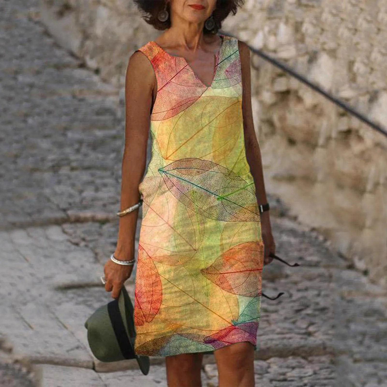 

Летнее женское свободное платье, повседневное пляжное платье с принтом в стиле бохо, пикантное платье с V-образным вырезом и широкой юбкой, Ж...