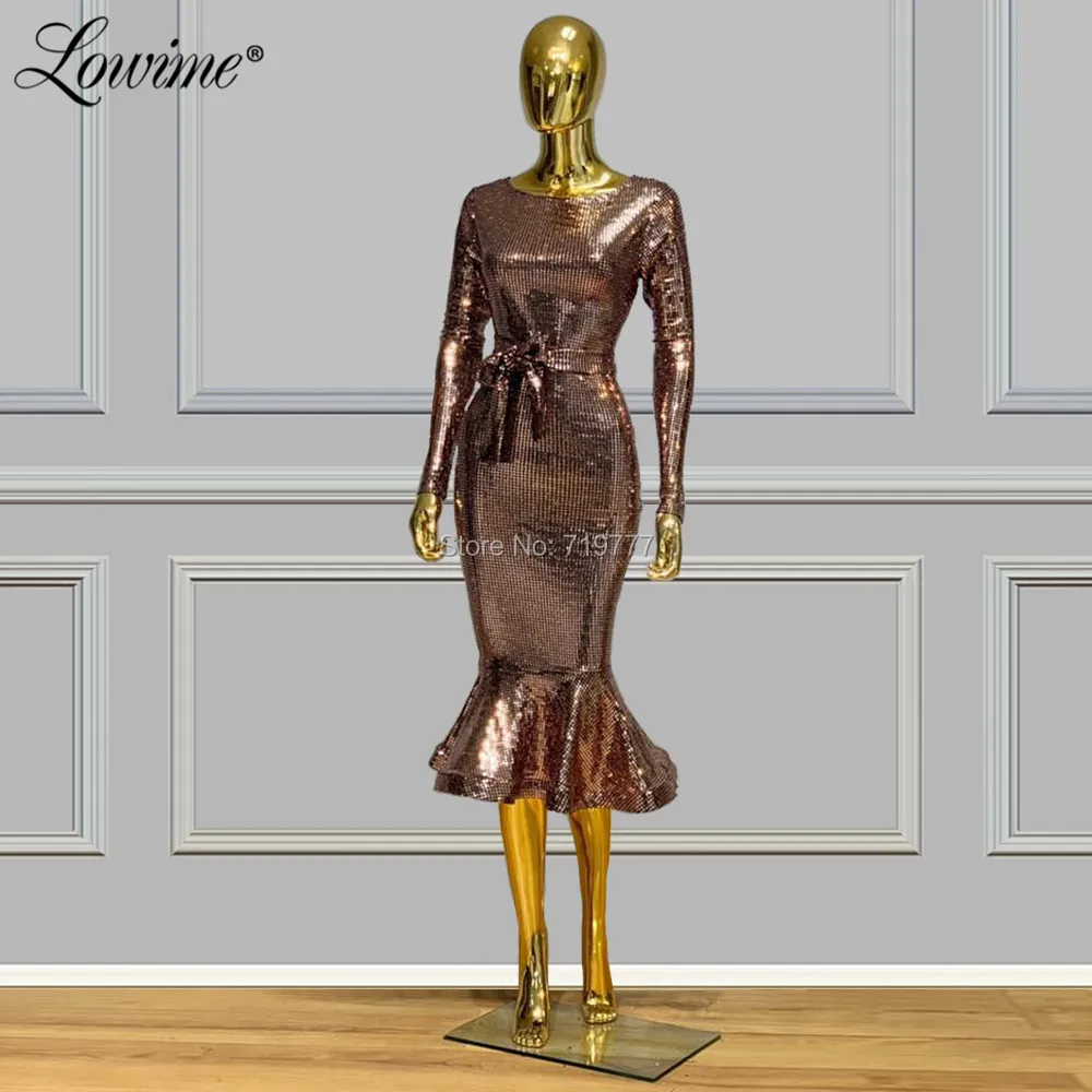 

Tea Length Mermaid Formal Evening Dresses Women Long Sleeves Sequin Party Gowns 2020 Abiye Vestido De Festa Short Prom Dress