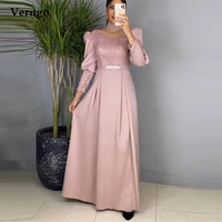 verngo dusty pink lace and satin evening dresses long sleeves crystal sash modest mother bride formal prom dress plus size 2022