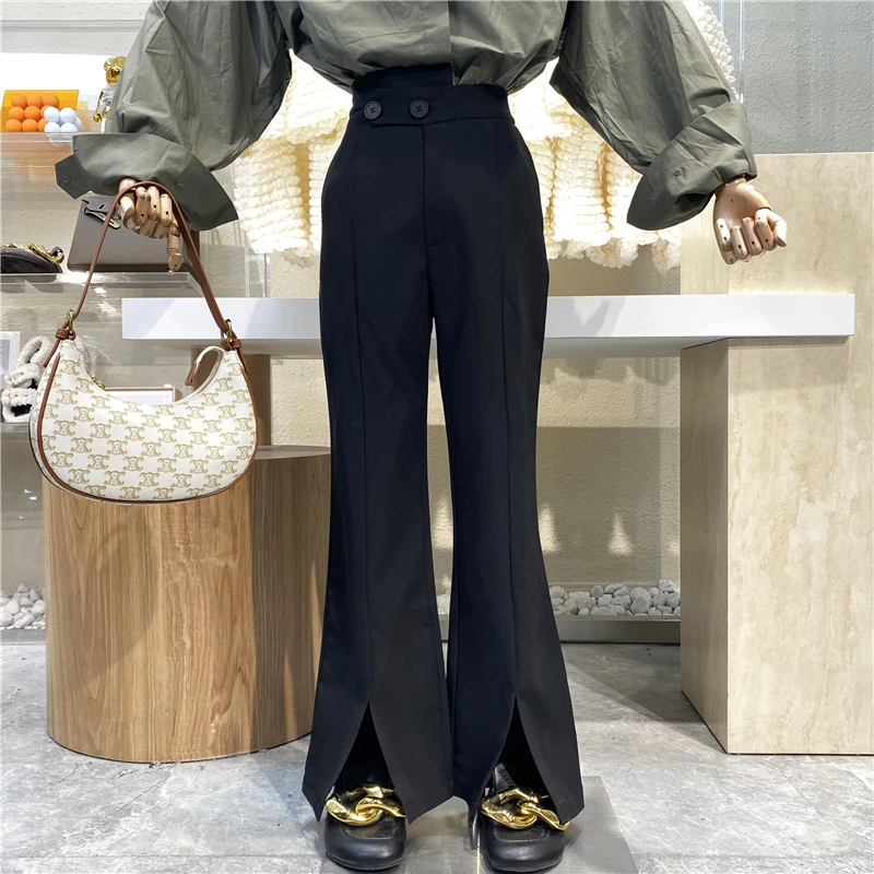 

New Brand Original Design Slit Irregular High Waist Leisure Micro Flared Pants 2021 Versatile Loose Black Suit Pants