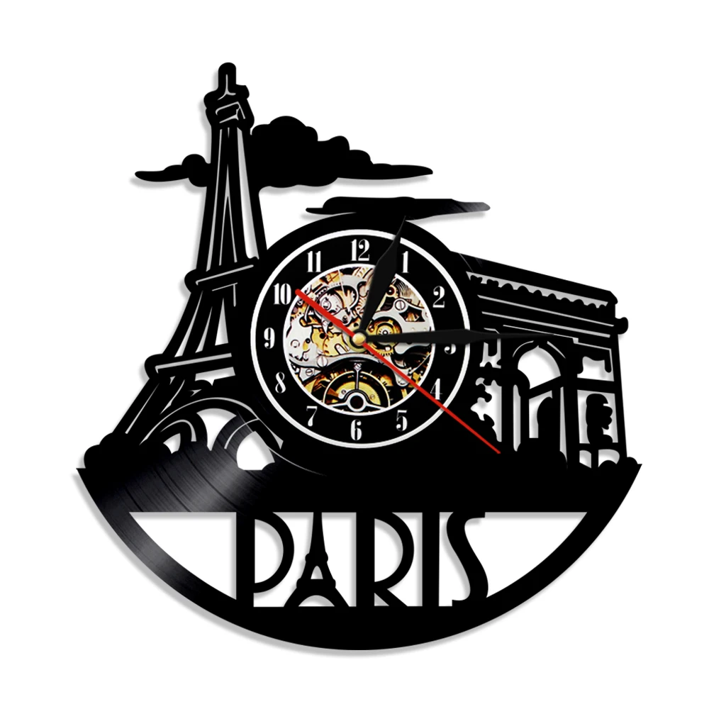 

Paris Eiffel Tower Vinyl Record Wall Clock Modern Design French Paris Skyline Wall Watch Decor Time Clock France Traveler Gift