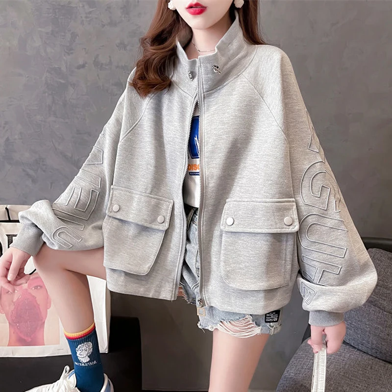 

Zoki Autumn Embroidery Sweatshirt Women Loose Casual Jacket Long Sleeves Letter Coats Street Wear Outwear Korean Fashion New