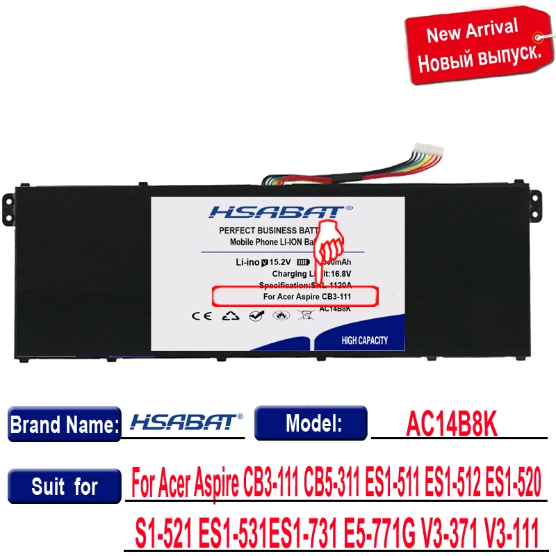 0 цикл AC14B8K Аккумулятор для Acer Aspire CB3-111 CB5-311 ES1-511 ES1-512 ES1-520 S1-521 ES1-531ES1-731 E5-771G V3-371 |