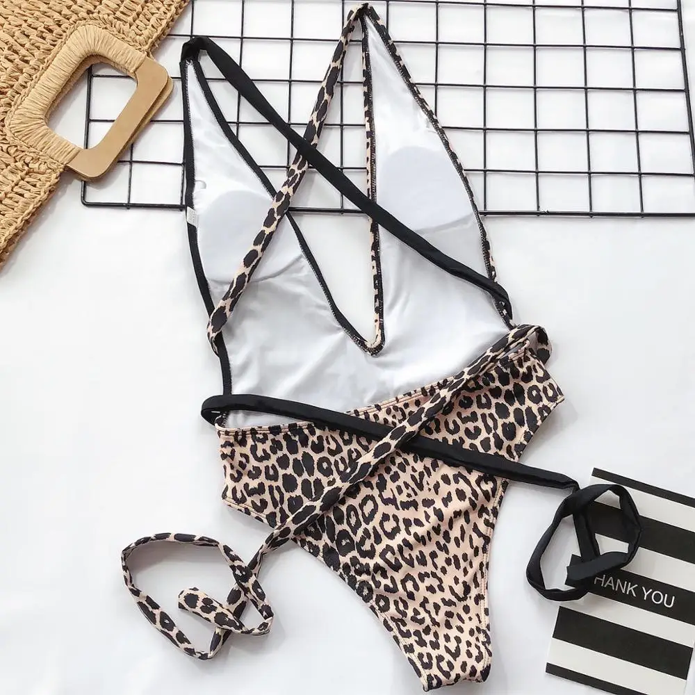 2020 European and American new AliExpress eBay one-piece bikini leopard print hollow strap swimsuit YY-40 | Спорт и развлечения