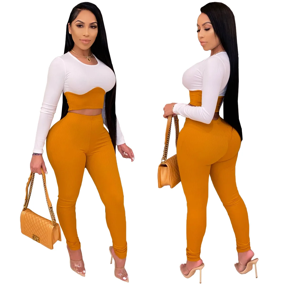 

Active Patchwork Knit Sweatsuit Two 2 Piece Set for Women Winter Fitness Outfit Crop Top + Legging Pants Ribbed Tracksuit