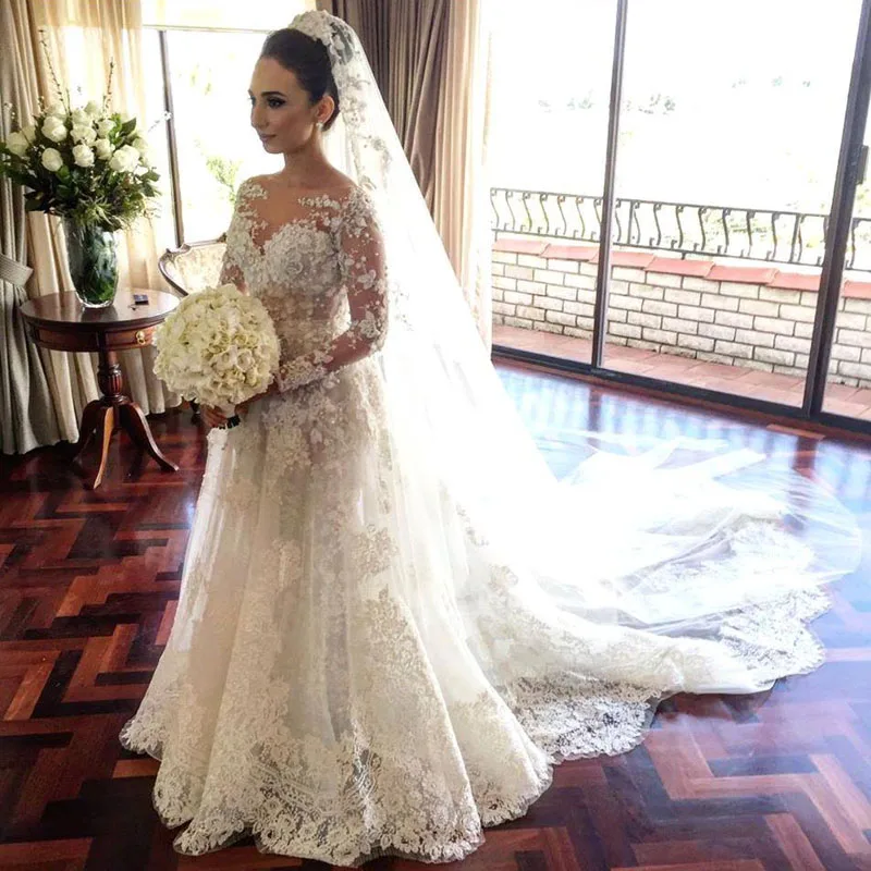 

Luxury Wedding Gowns Sheer Crew Neck Long Sleeve Wedding Dress Romantic Appliques Lace Illusion Bridal Gowns Robe De Mariage