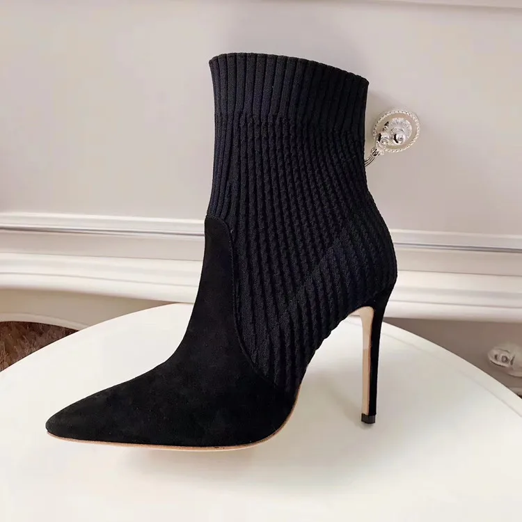

Short Boots Sharp heel Thin Split Elastic Wool Sexy Genuine Leather High heel Woman Ankle Boots