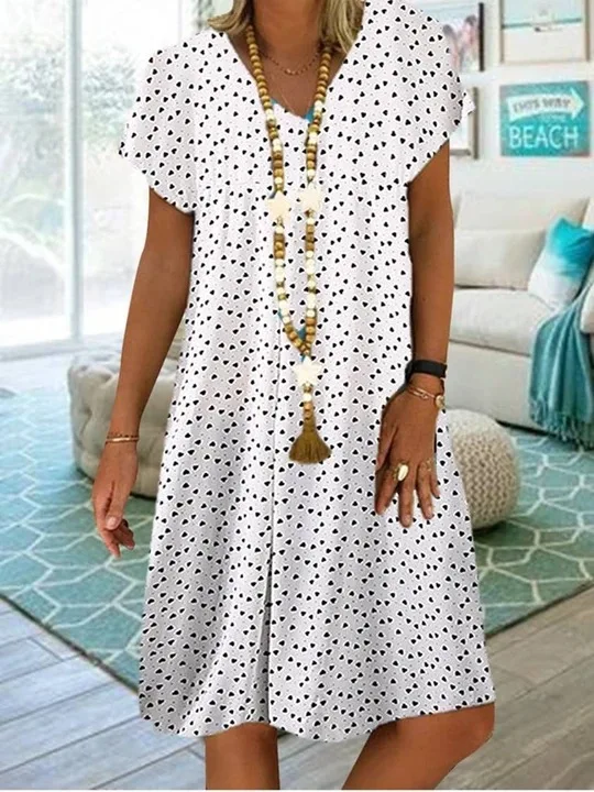 Womens Loose Casual Dress 2020 Summer Short Sleeve Heart Printed Dresses Plus Size V Neck Wave Point Beach Party Women | Женская одежда