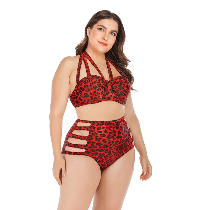 Женский купальник с леопардовым принтом бикини высокой талией и вырезами