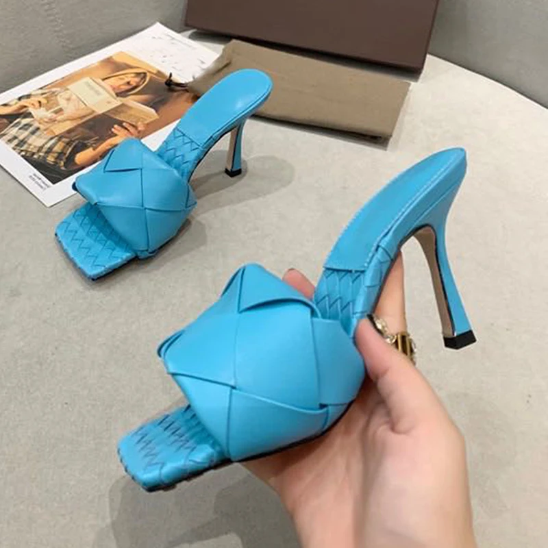 

Cross woven spaure toe slippers women thin high heel sandals summer lazy mullers sweety color slides party shoes sandalias