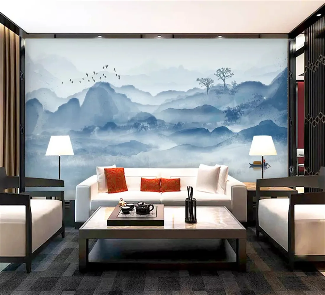Индивидуальные фотообои летающая птица новые китайские чернила пейзаж Синий