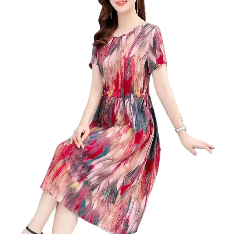 

Fashion Dresses Women Summer 2022 New Cotton Silk Plus Size Dress 5XL Over The Knee Long Short Sleeve Bohemian Dresses