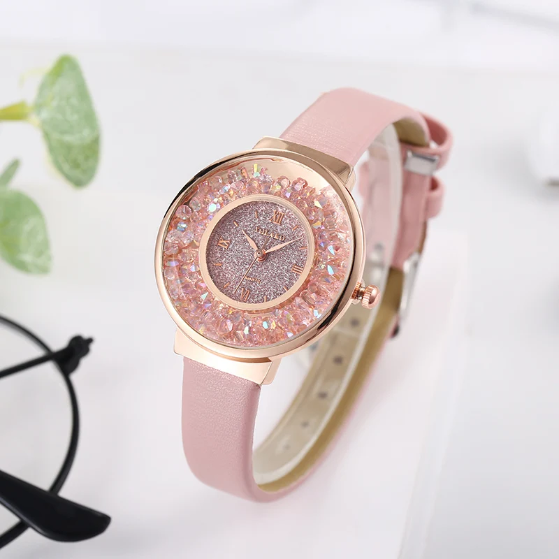

Casual Leather Strap Watch Ladies Luxury Rhinestone Ball Quicksand Watch Women Dress Watch Roman Scale Quartz Watch Waterproof