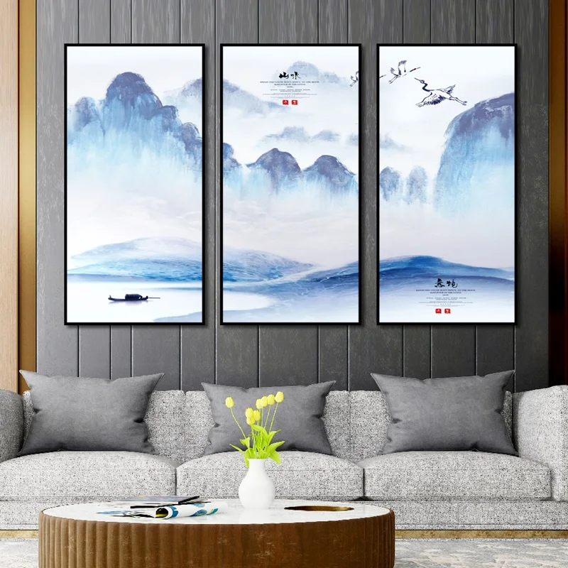 

Three-Piece New Chinese Canvas Painting Wall Painting Poster Landscape Scenery Picture Modern Home Decoration Mural Frameless