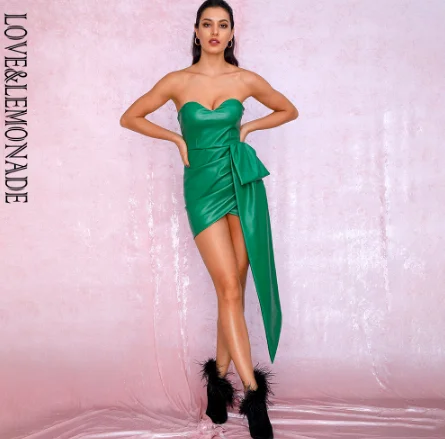 GREEN LOVE& LEMONADE сексуальные золотые бандо v-образным вырезом двойные растяжки крест PU материал мини вечерние платья LM82017 осень/зима - Цвет: GREEN