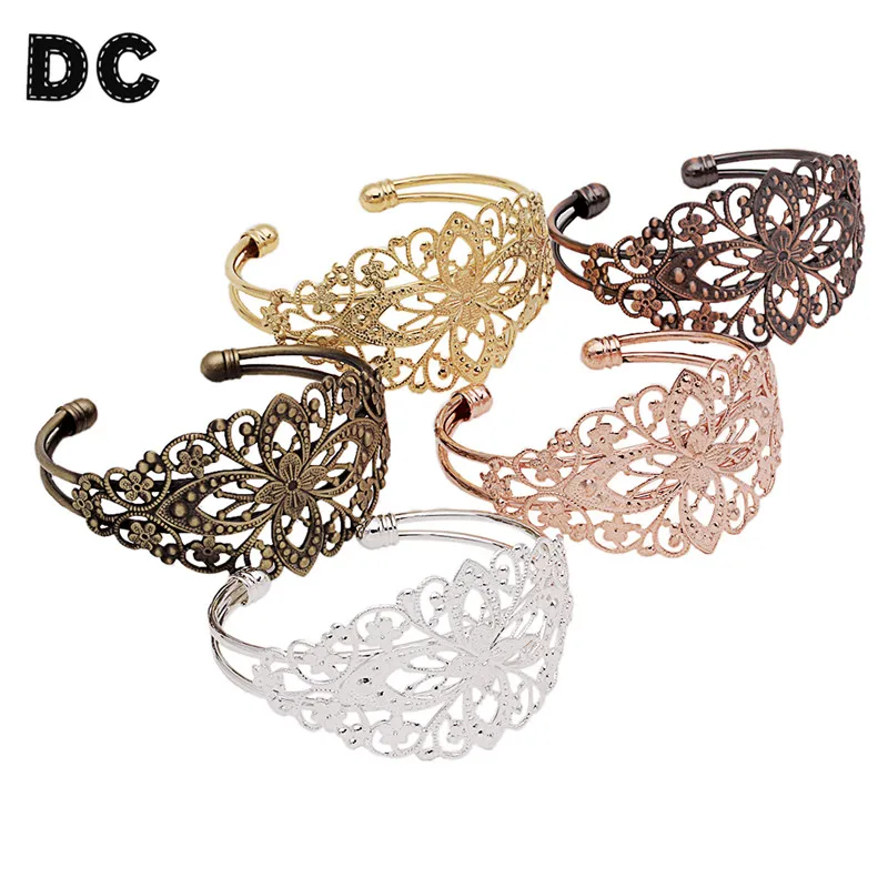 

Fashion Retro Bracelet Flower Filigree Hollow Opening Bangle Bracelets Base Tray Women DIY Vintage Jewelry Making Findings