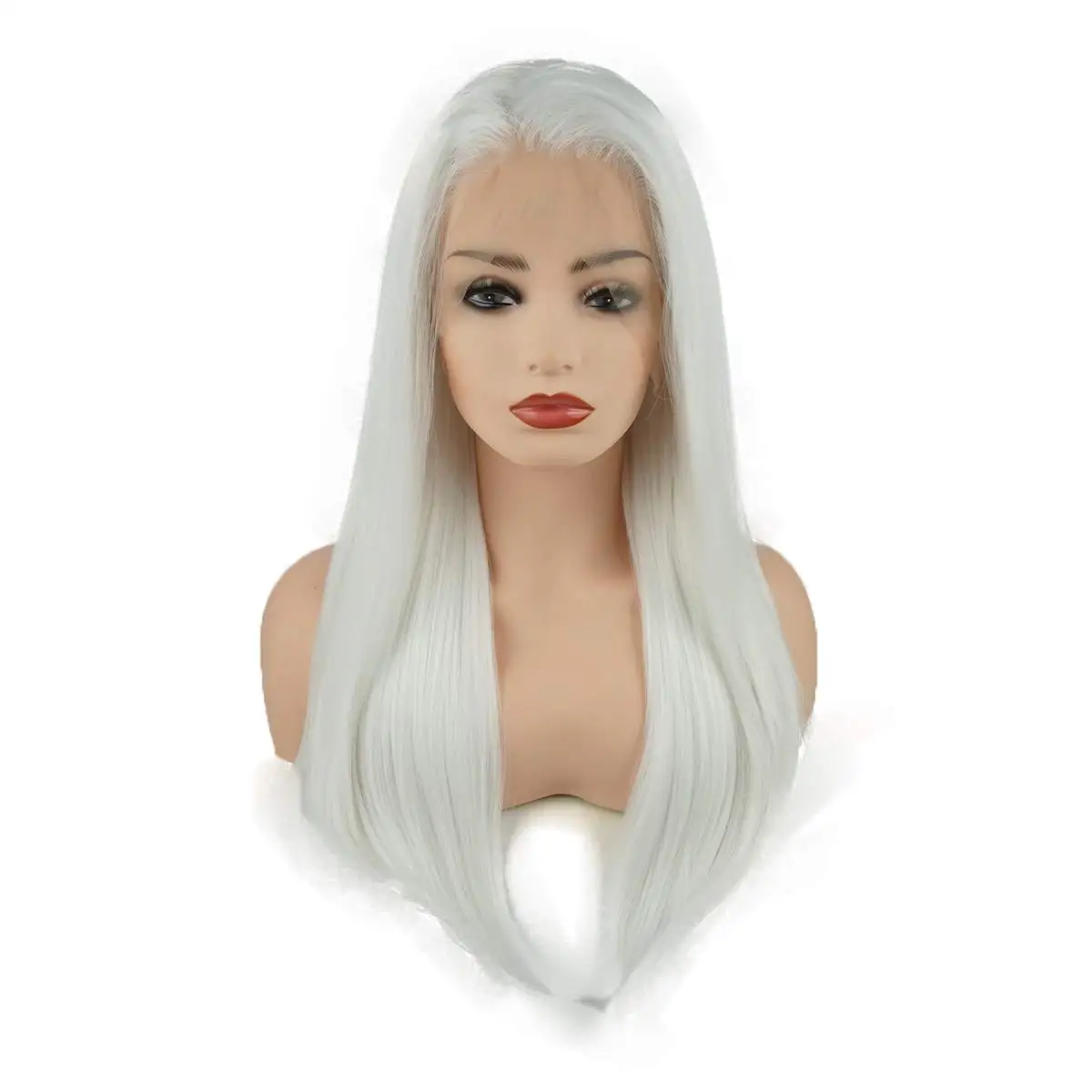 Jeelion Hair Straight Long 24inch White Half Hand Tied Realistic Synthetic Lace Front Wigs