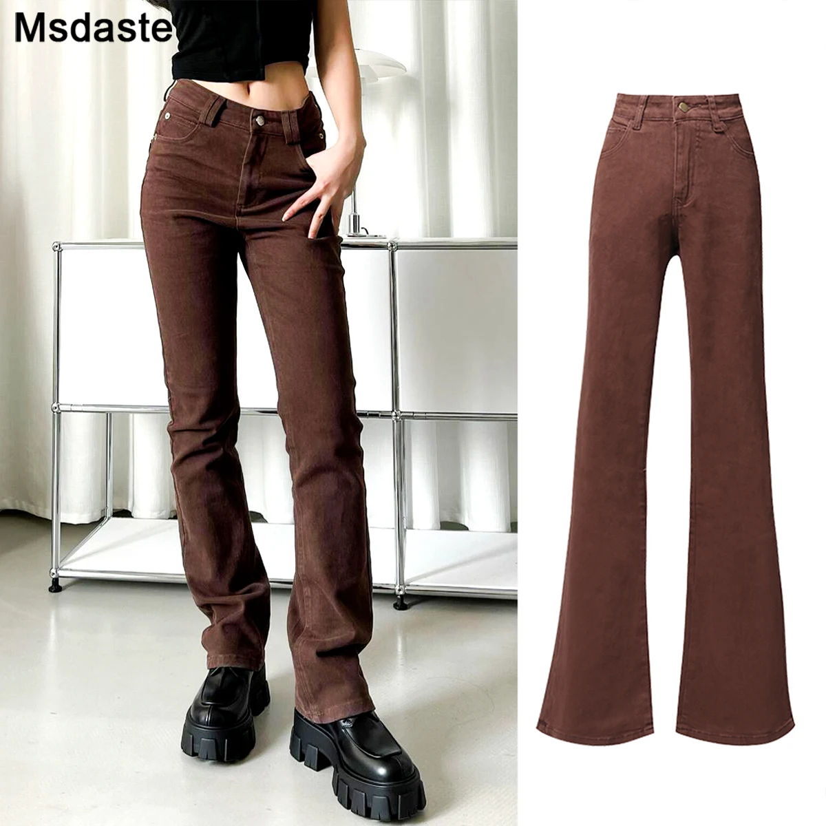 

Джинсы женские длинные эластичные, хлопковые брюки полной длины со средней талией, прямые штаны из денима, коричневые синие