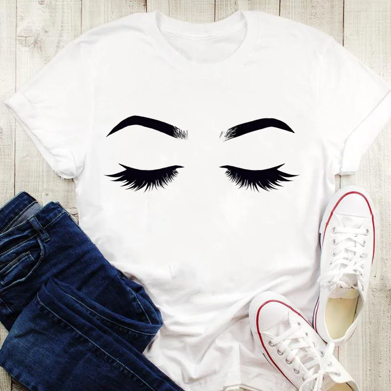 

Urban 2000s Aesthetic Blended Women T-Shirts For Summer Beautiful Eyelash Cartoon Tops Oversize Regular Basic T-Shirts