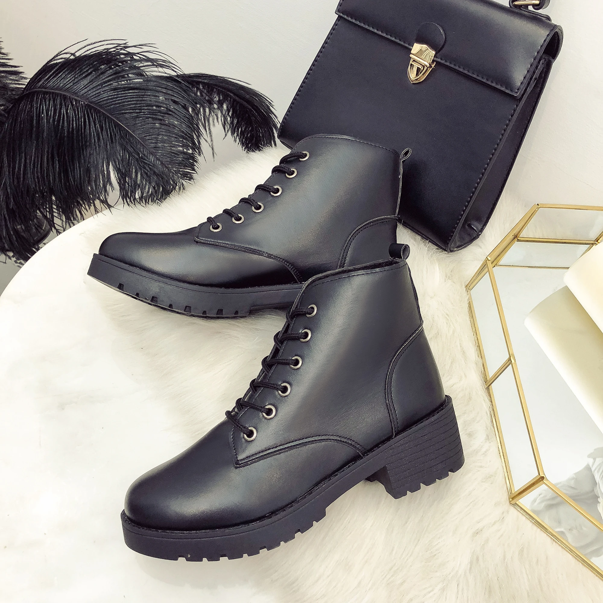 

Botas Women Motorcycle Boots Wedges Female Lace Up Platforms Spring Black Leather Oxford Shoes Woman 2020 Botas Mujer size 35-40